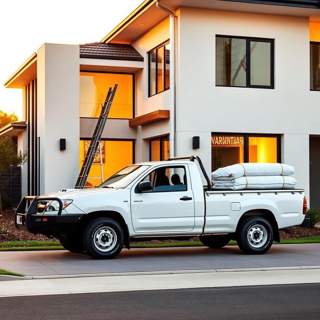Rayzar's Painting service ute and ladder outside a North Brisbane home at golden hour