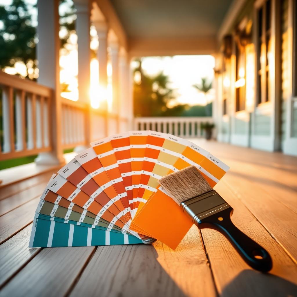 Paint colour swatches and a clean brush arranged on a Queenslander verandah in North Brisbane
