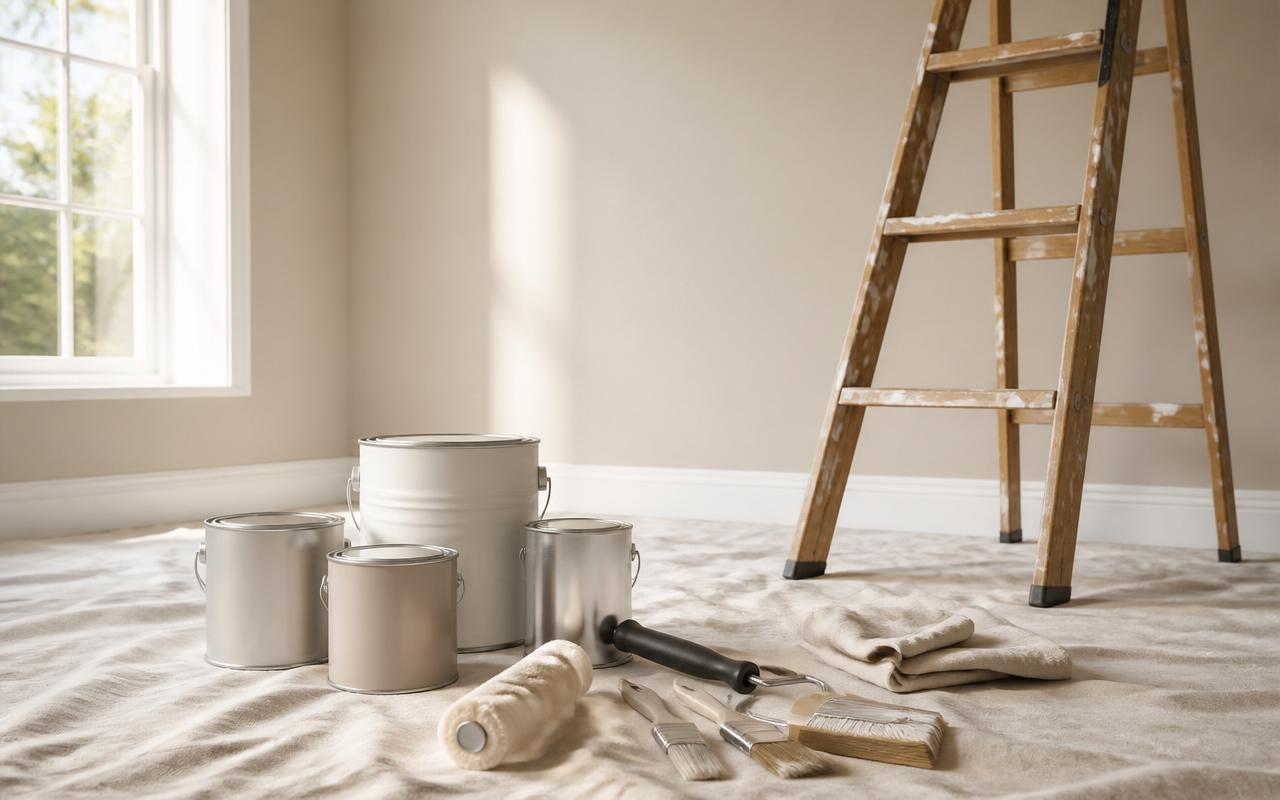 Professional painting tools, brushes, rollers and paint tins laid out on a clean drop sheet in a freshly prepared interior room