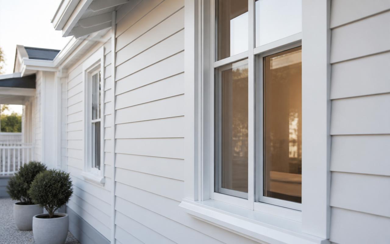 Close-up of freshly painted white weatherboard cladding with crisp window trims on a Queensland home