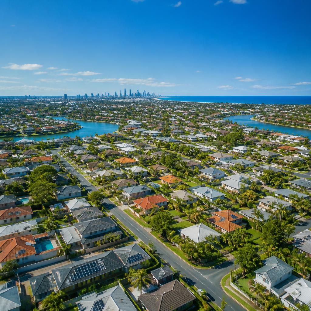 Service areas across North Brisbane and the Sunshine Coast Aerial view of South-East Queensland suburbs showing the mix of coastal and inland residential housing serviced by Rayzar's Painting