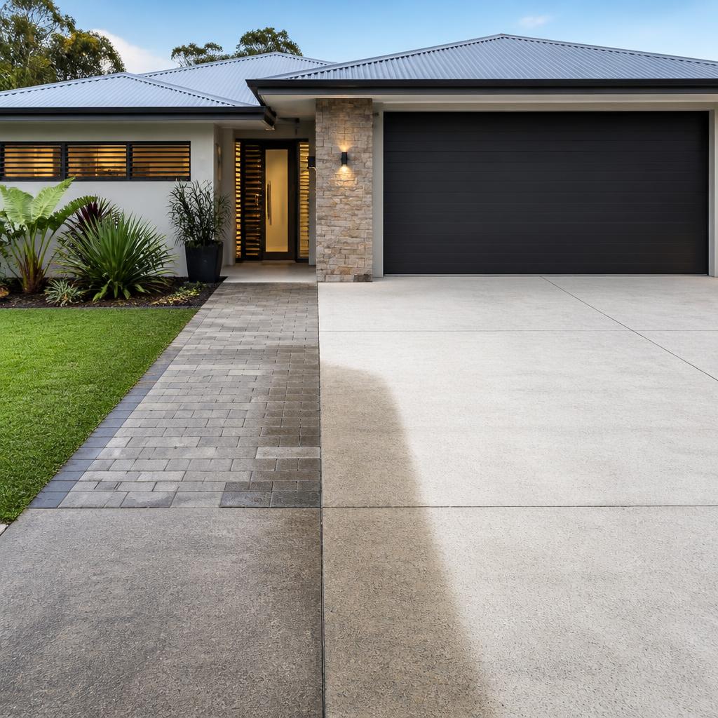 Pristine clean concrete driveway and paver pathway leading to a modern Queensland home after pressure cleaning Pristine clean concrete driveway and paver pathway leading to a modern Queensland home after pressure cleaning