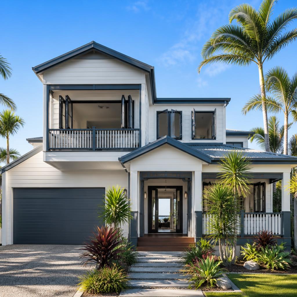 Two-storey Queensland coastal home with freshly painted weatherboard exterior in coastal white and charcoal trims Two-storey Queensland coastal home with freshly painted weatherboard exterior in coastal white and charcoal trims