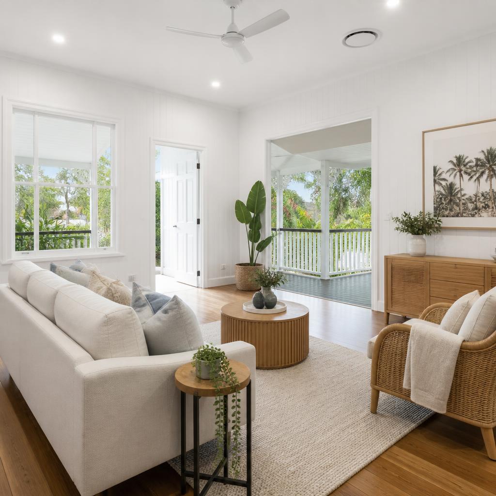 Freshly painted modern Queensland living room interior with soft white walls and natural light Freshly painted modern Queensland living room interior with soft white walls and natural light
