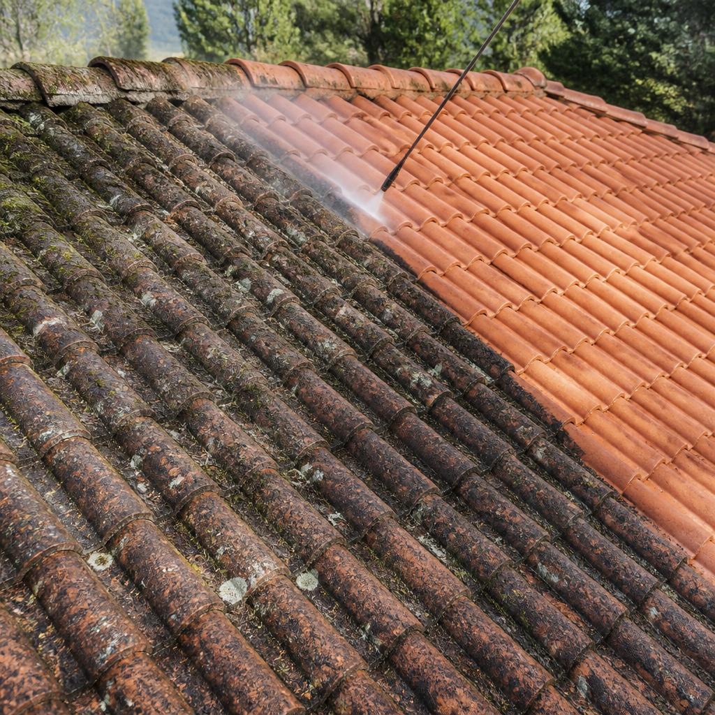 Roof being cleaned showing dramatic contrast between dirty moss-covered tiles and freshly cleaned terracotta tiles Roof being cleaned showing dramatic contrast between dirty moss-covered tiles and freshly cleaned terracotta tiles